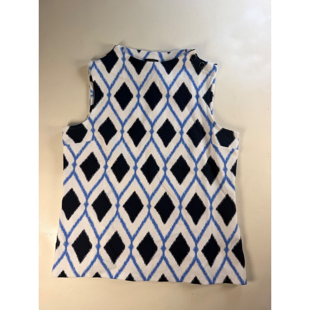 Talbots Sleeveless Top Women MP White Blue Diamond‎ Ikat Button Shoulder